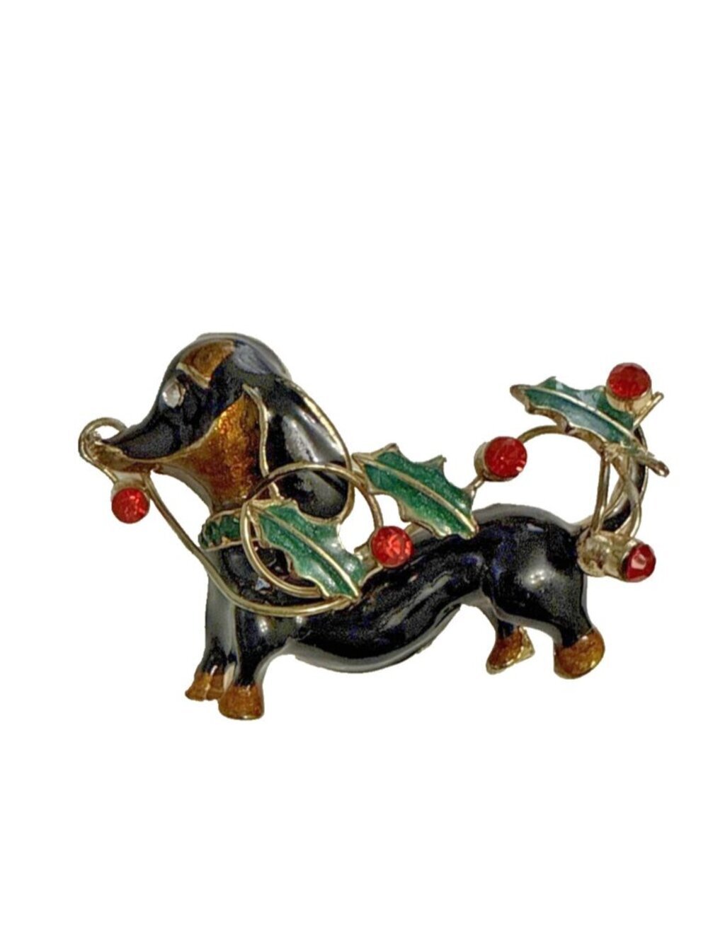 Vintage Dachshund Brooch Pin Wiener Dog Enameled Holly Christmas Rhinestones